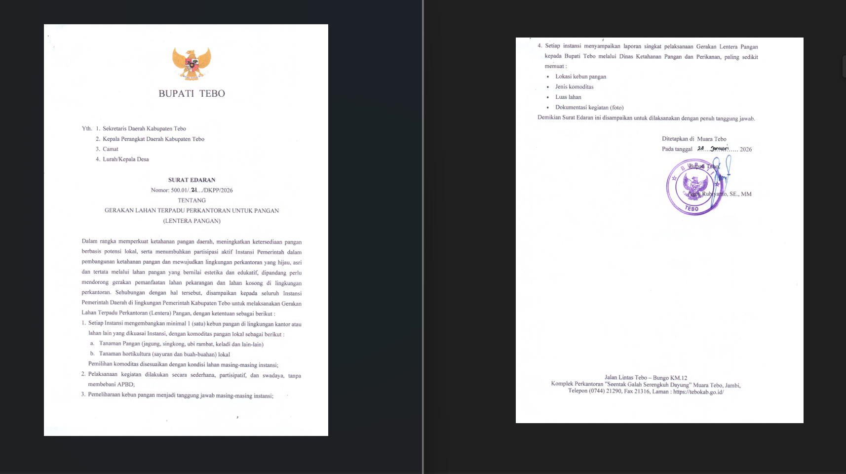 Surat Edaran Bupati Tebo tentang gerakan Lahan Terpadu Perkantoran untuk Pangan (LENTERA PANGAN)